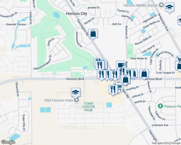 map of restaurants, bars, coffee shops, grocery stores, and more near 13781 Horizon Boulevard in Horizon City