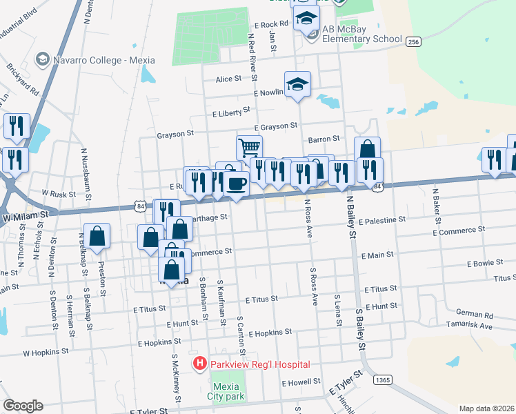 map of restaurants, bars, coffee shops, grocery stores, and more near 314 Kennedy Street in Mexia