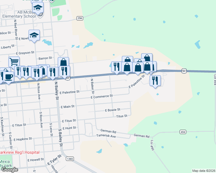 map of restaurants, bars, coffee shops, grocery stores, and more near 1227 East Carthage Street in Mexia