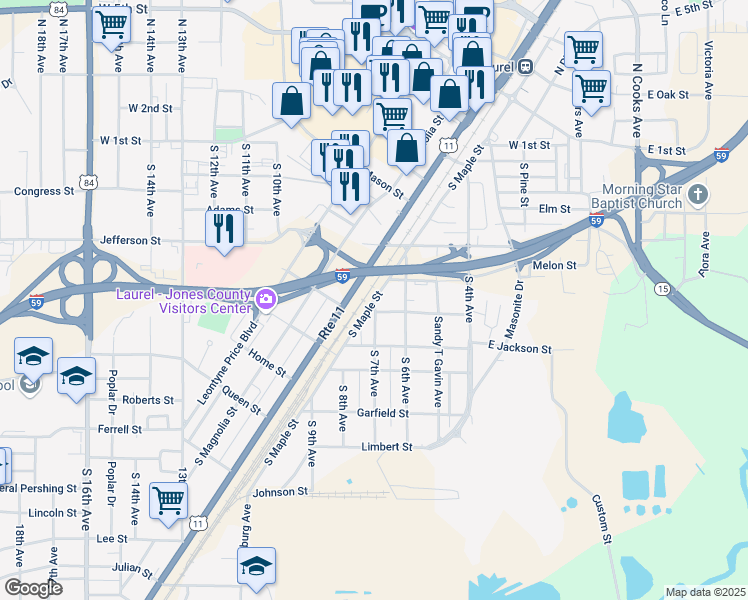 map of restaurants, bars, coffee shops, grocery stores, and more near South Maple Street in Laurel