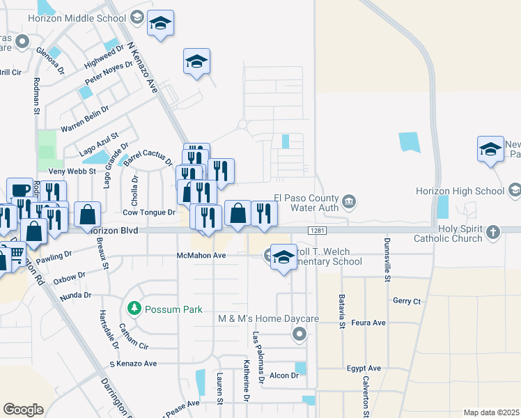 map of restaurants, bars, coffee shops, grocery stores, and more near 14521 Horizon Boulevard in El Paso