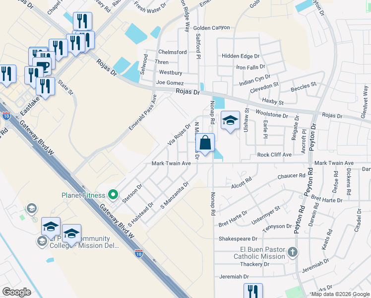 map of restaurants, bars, coffee shops, grocery stores, and more near 144 Camino Cresta in Horizon City