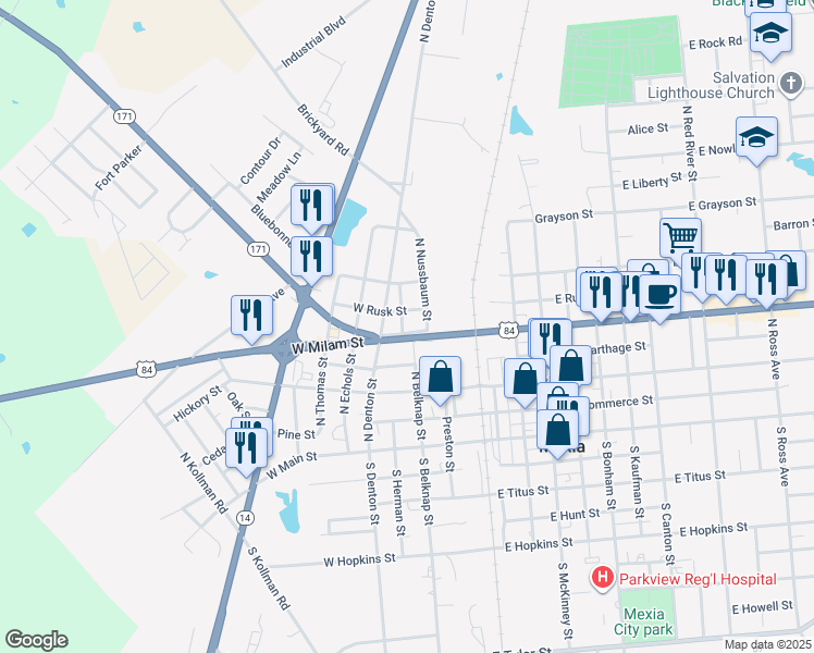 map of restaurants, bars, coffee shops, grocery stores, and more near 609 North Denton Street in Mexia