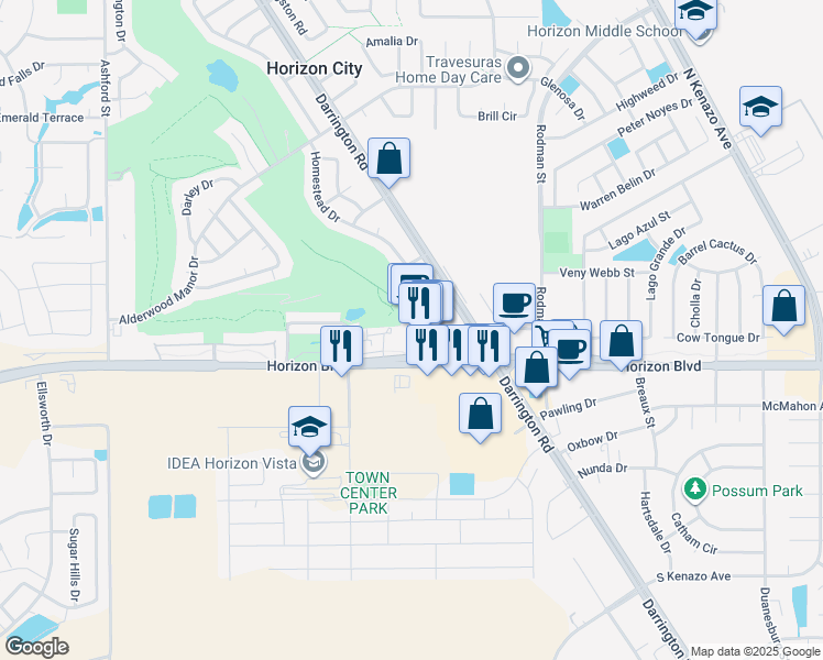 map of restaurants, bars, coffee shops, grocery stores, and more near 13781 Horizon Boulevard in Horizon City