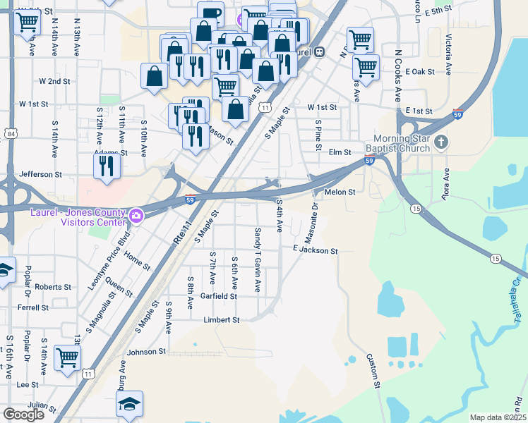 map of restaurants, bars, coffee shops, grocery stores, and more near 455-499 Madison Street in Laurel