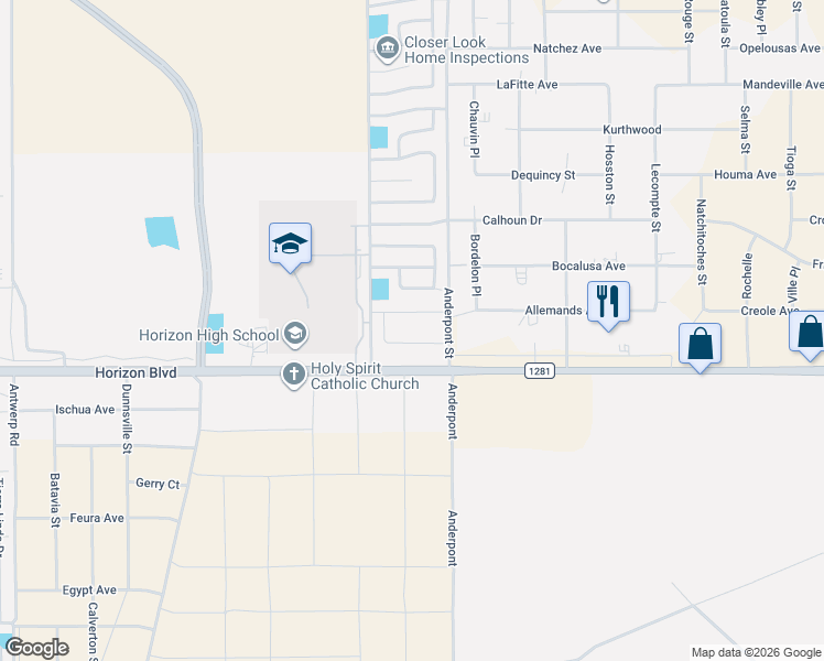 map of restaurants, bars, coffee shops, grocery stores, and more near 14738 Sun View Lane in Horizon City