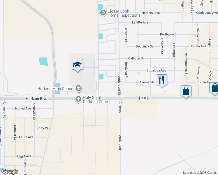 map of restaurants, bars, coffee shops, grocery stores, and more near 14738 Sun View Lane in Horizon City