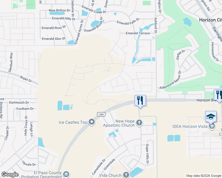 map of restaurants, bars, coffee shops, grocery stores, and more near Emerald Pearl in El Paso