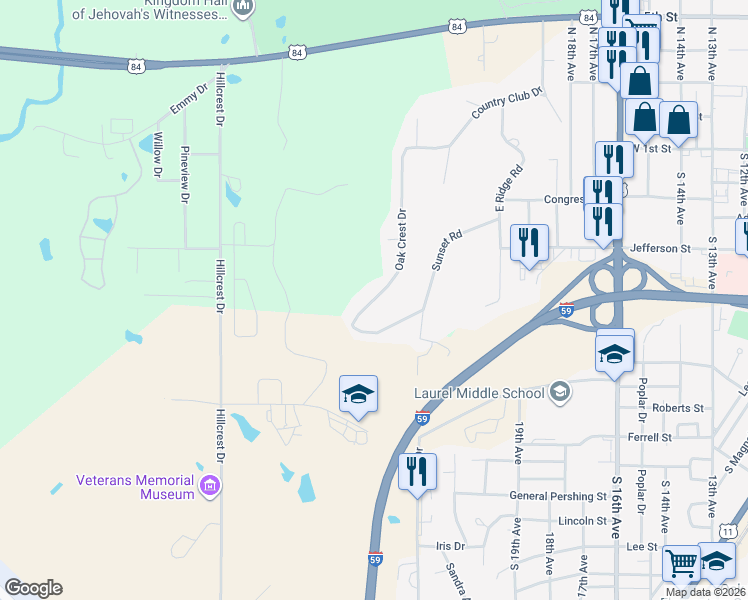 map of restaurants, bars, coffee shops, grocery stores, and more near 45 Oak Crest Drive in Laurel