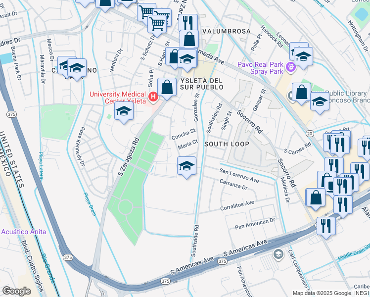 map of restaurants, bars, coffee shops, grocery stores, and more near 9170 Maria Court in El Paso