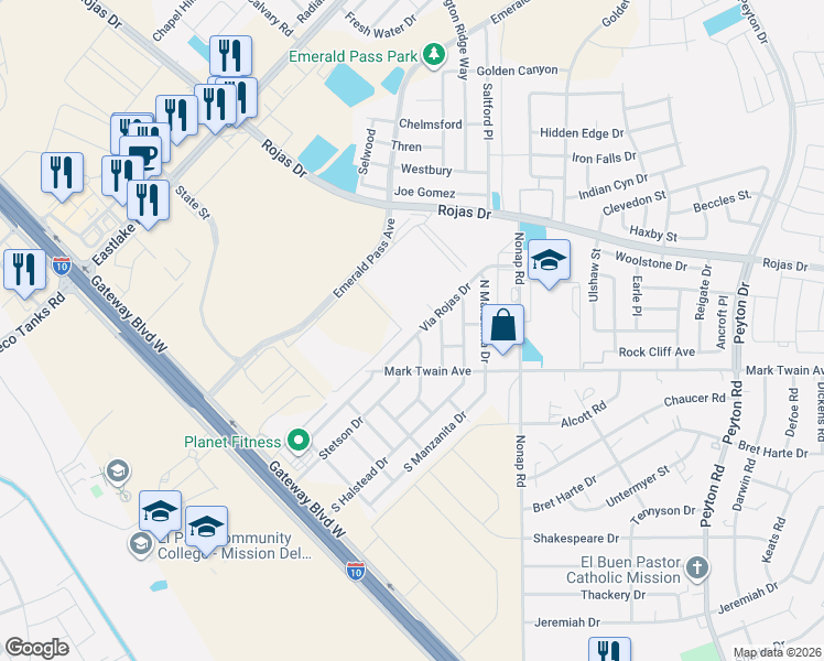 map of restaurants, bars, coffee shops, grocery stores, and more near 127 Via Rojas Drive in Horizon City