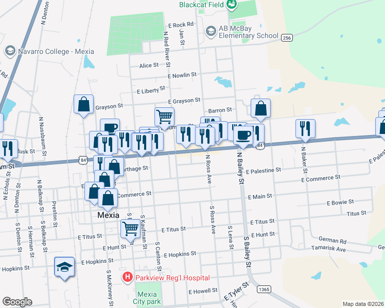 map of restaurants, bars, coffee shops, grocery stores, and more near 811 East Milam Street in Mexia
