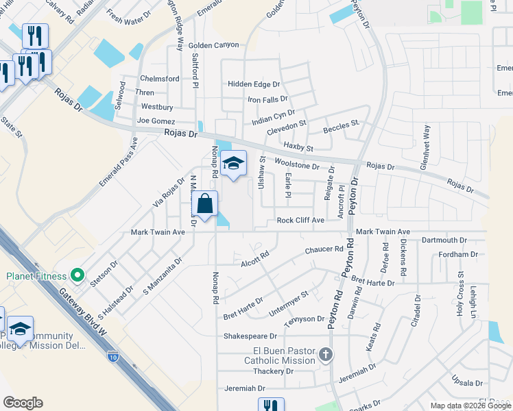 map of restaurants, bars, coffee shops, grocery stores, and more near 204 Ulshaw Street in El Paso