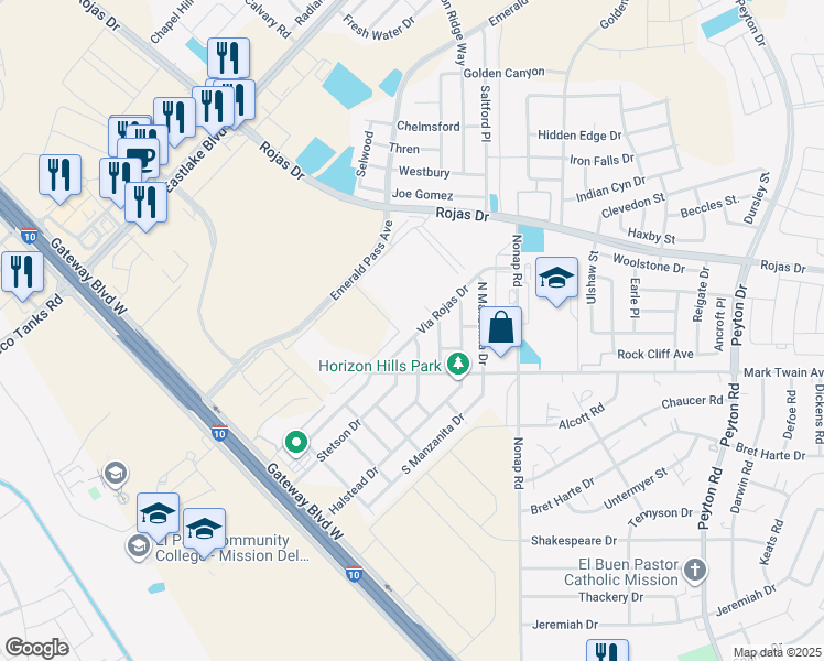 map of restaurants, bars, coffee shops, grocery stores, and more near 127 Via Rojas Drive in Horizon City