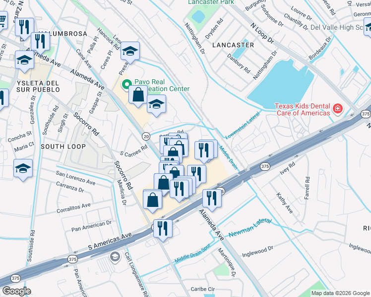 map of restaurants, bars, coffee shops, grocery stores, and more near 9421 Conejo Lane in El Paso