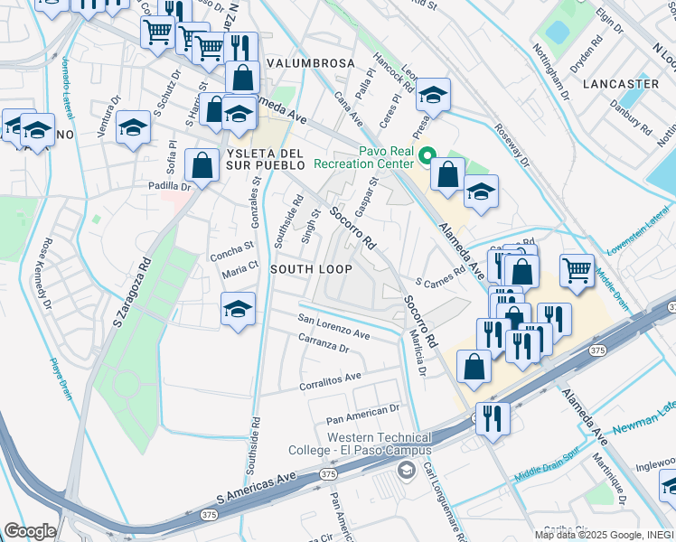 map of restaurants, bars, coffee shops, grocery stores, and more near 9280 Socorro Road in El Paso
