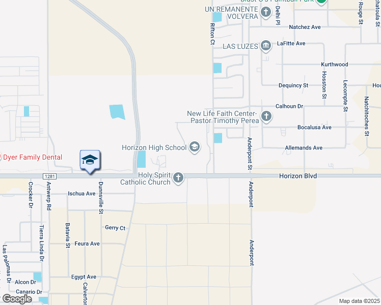 map of restaurants, bars, coffee shops, grocery stores, and more near 14651 Horizon Boulevard in El Paso