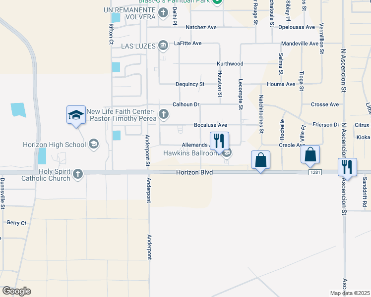 map of restaurants, bars, coffee shops, grocery stores, and more near 14760 Allemands Avenue in El Paso