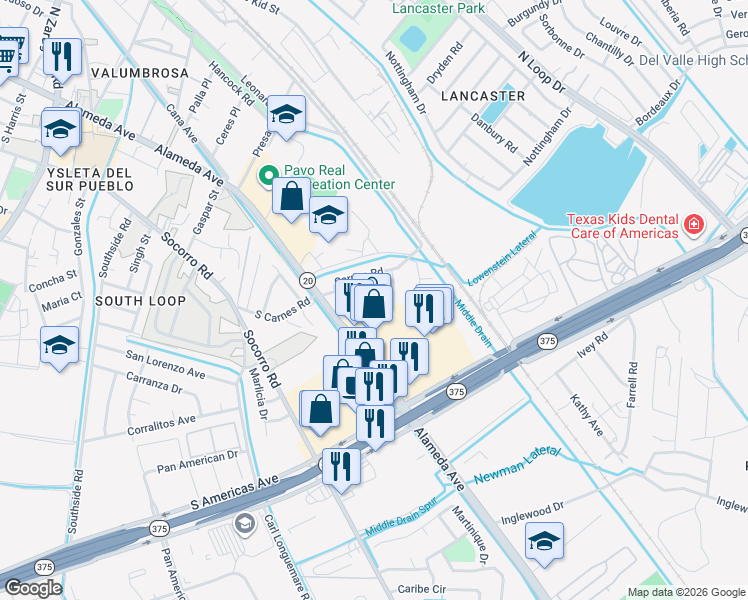 map of restaurants, bars, coffee shops, grocery stores, and more near 9421 Conejo Lane in El Paso
