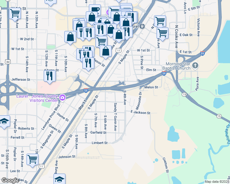map of restaurants, bars, coffee shops, grocery stores, and more near 499 Madison Street in Laurel