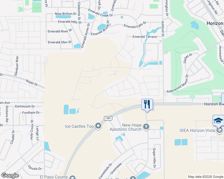 map of restaurants, bars, coffee shops, grocery stores, and more near Emerald Pearl in El Paso