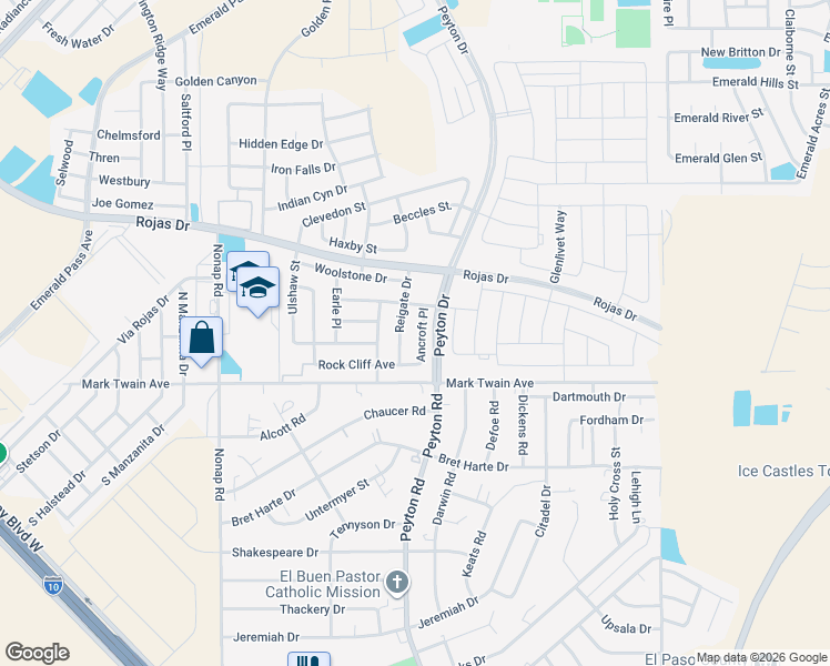 map of restaurants, bars, coffee shops, grocery stores, and more near 229 Ancroft Place in El Paso