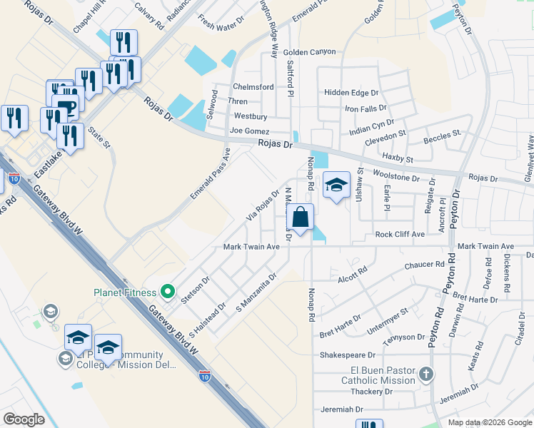 map of restaurants, bars, coffee shops, grocery stores, and more near 144 Camino Cresta in Horizon City