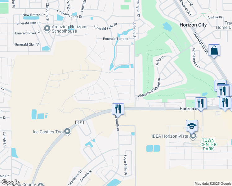map of restaurants, bars, coffee shops, grocery stores, and more near 221 Emerald Tower Drive in Horizon City
