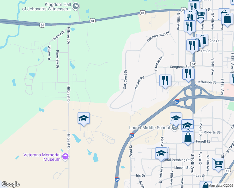 map of restaurants, bars, coffee shops, grocery stores, and more near 45 Oak Crest Drive in Laurel