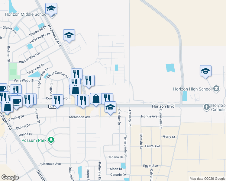 map of restaurants, bars, coffee shops, grocery stores, and more near 14521 Horizon Blvd in El Paso