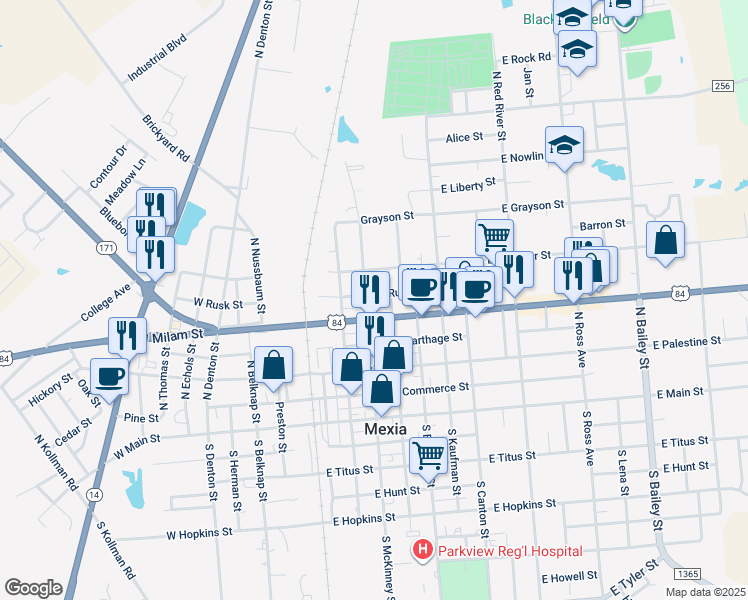 map of restaurants, bars, coffee shops, grocery stores, and more near 300 East Rusk Street in Mexia