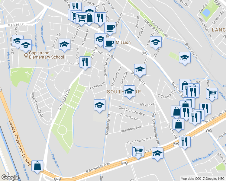 map of restaurants, bars, coffee shops, grocery stores, and more near 9201 Santa Rosalia Court in El Paso