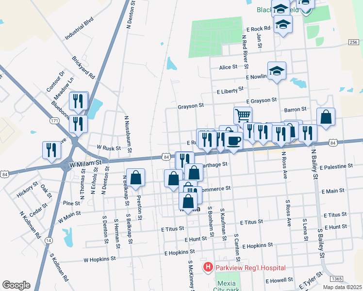 map of restaurants, bars, coffee shops, grocery stores, and more near 300 East Rusk Street in Mexia