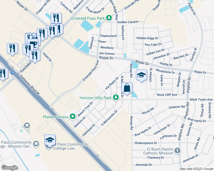 map of restaurants, bars, coffee shops, grocery stores, and more near 135 Via Rojas Drive in Horizon City
