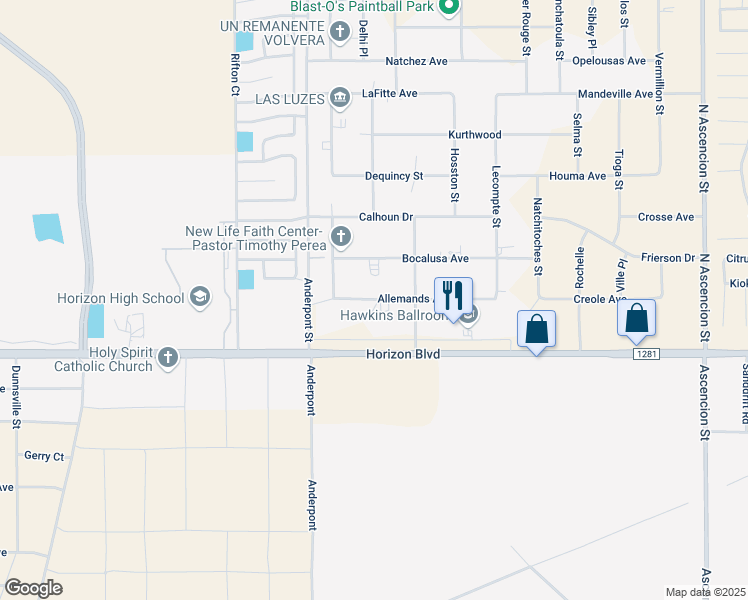 map of restaurants, bars, coffee shops, grocery stores, and more near 14760 Allemands Avenue in El Paso