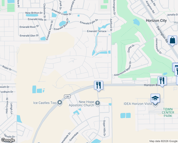 map of restaurants, bars, coffee shops, grocery stores, and more near 221 Emerald Tower Drive in Horizon City