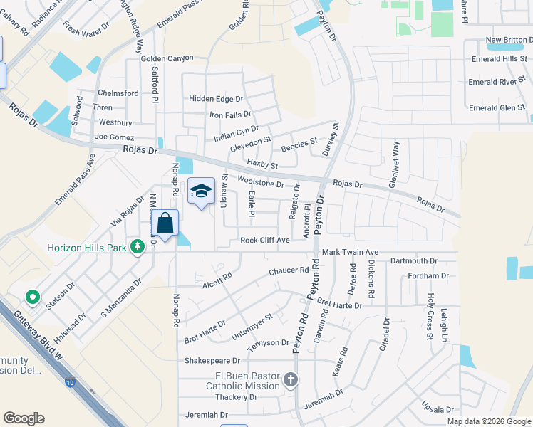 map of restaurants, bars, coffee shops, grocery stores, and more near 12845 Osmotherley Avenue in El Paso