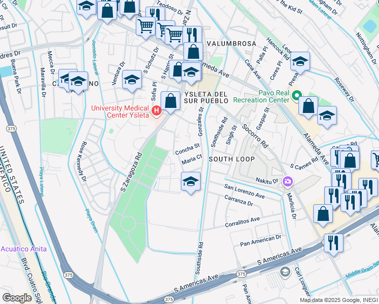 map of restaurants, bars, coffee shops, grocery stores, and more near 9180 Concha Street in El Paso