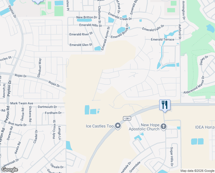 map of restaurants, bars, coffee shops, grocery stores, and more near Emerald Park Drive in El Paso