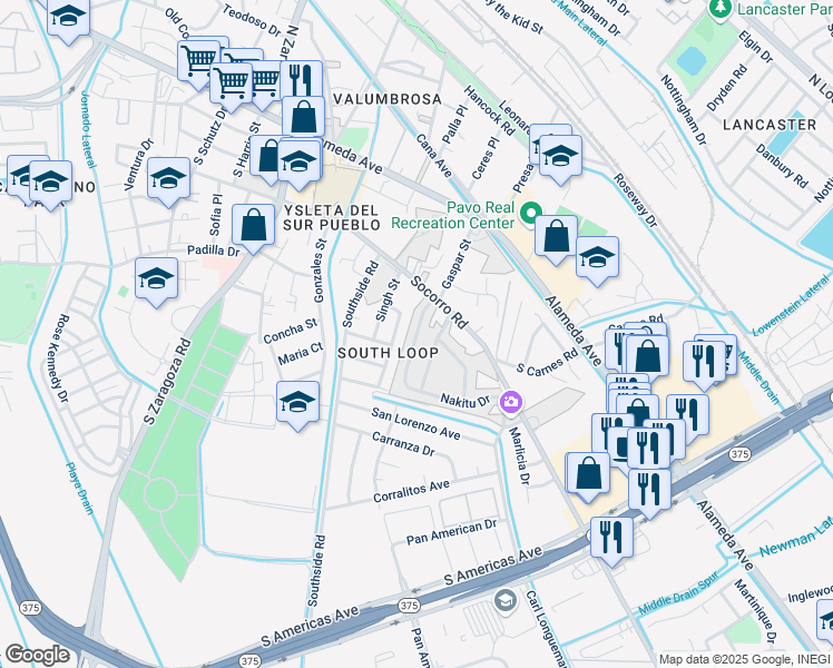map of restaurants, bars, coffee shops, grocery stores, and more near 9280 Socorro Road in El Paso