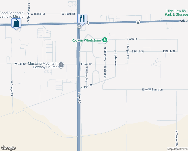 map of restaurants, bars, coffee shops, grocery stores, and more near 2066 North Holly Place in Huachuca City