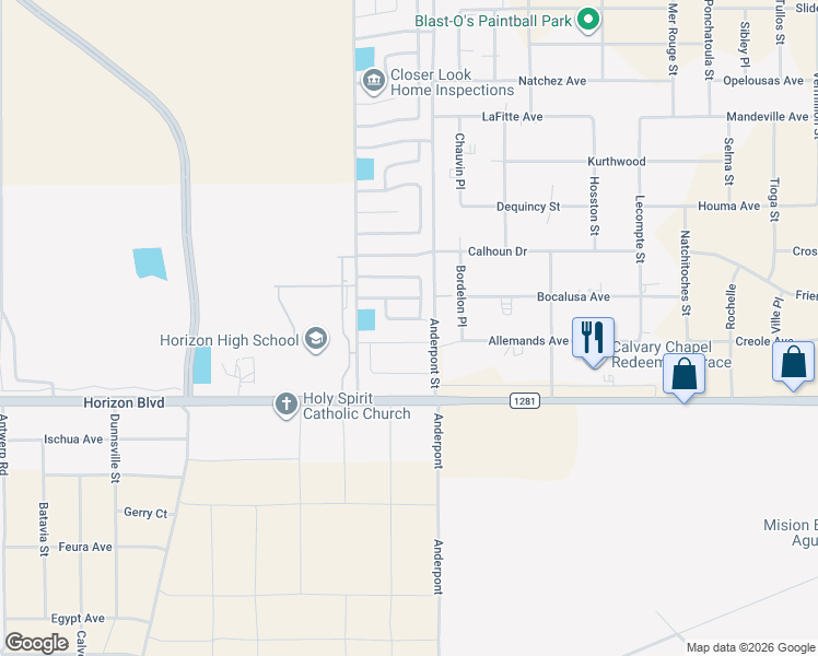 map of restaurants, bars, coffee shops, grocery stores, and more near 14738 Sun View Lane in Horizon City
