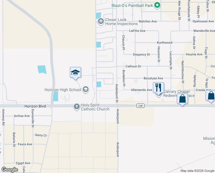 map of restaurants, bars, coffee shops, grocery stores, and more near 14738 Sun View Lane in Horizon City