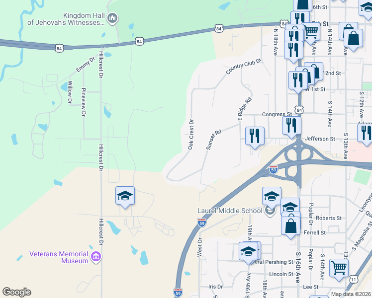 map of restaurants, bars, coffee shops, grocery stores, and more near 45 Oak Crest Drive in Laurel