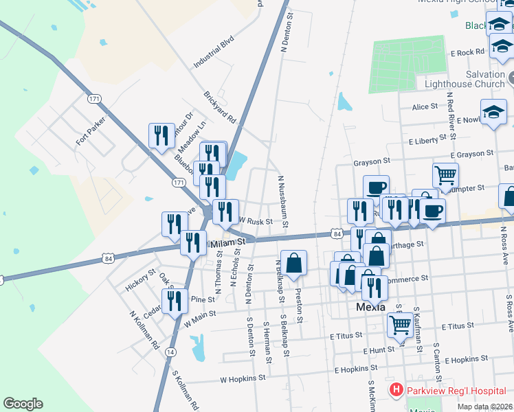 map of restaurants, bars, coffee shops, grocery stores, and more near 609 North Denton Street in Mexia