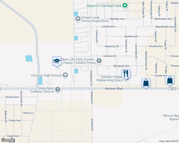 map of restaurants, bars, coffee shops, grocery stores, and more near 200 Desert Breeze Drive in Horizon City