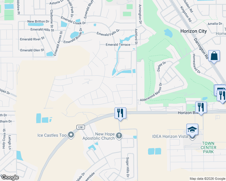 map of restaurants, bars, coffee shops, grocery stores, and more near 257 Emerald Tower Drive in Horizon City