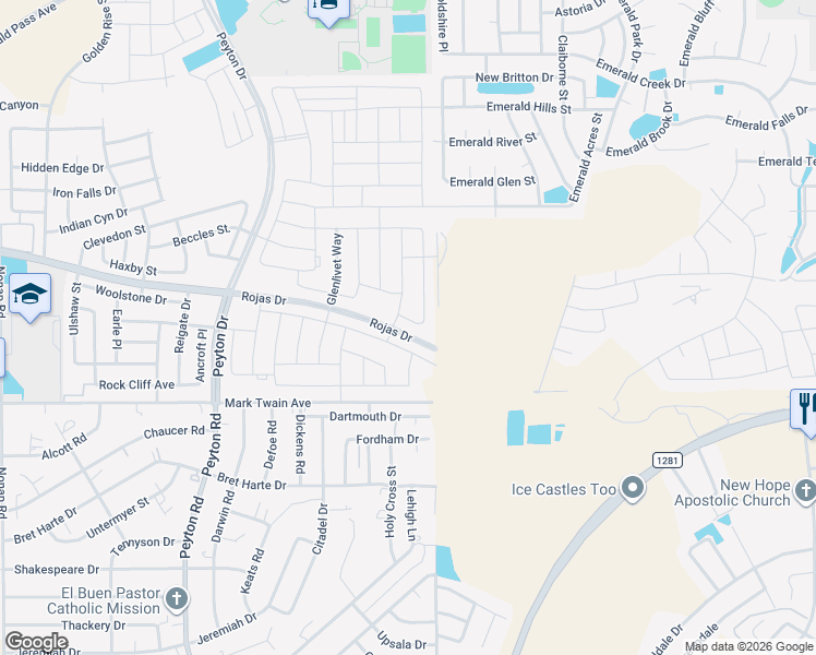 map of restaurants, bars, coffee shops, grocery stores, and more near Rojas Drive in El Paso