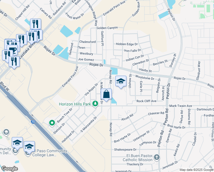 map of restaurants, bars, coffee shops, grocery stores, and more near 180 Via Rojas in El Paso