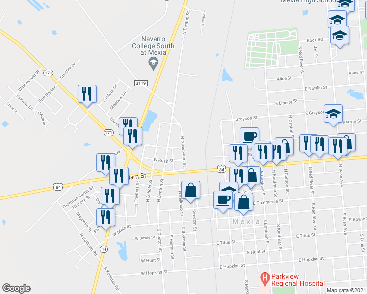 map of restaurants, bars, coffee shops, grocery stores, and more near North Nussbaum Street in Mexia